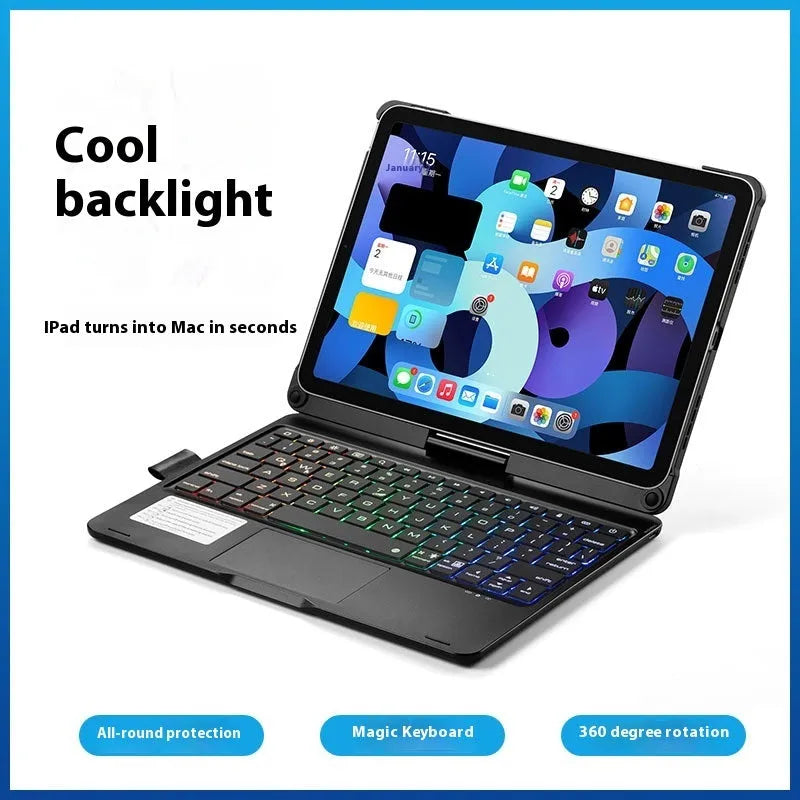 Miaocontrol silver Bluetooth keyboard with 360-degree rotating stand holding an iPad tablet.