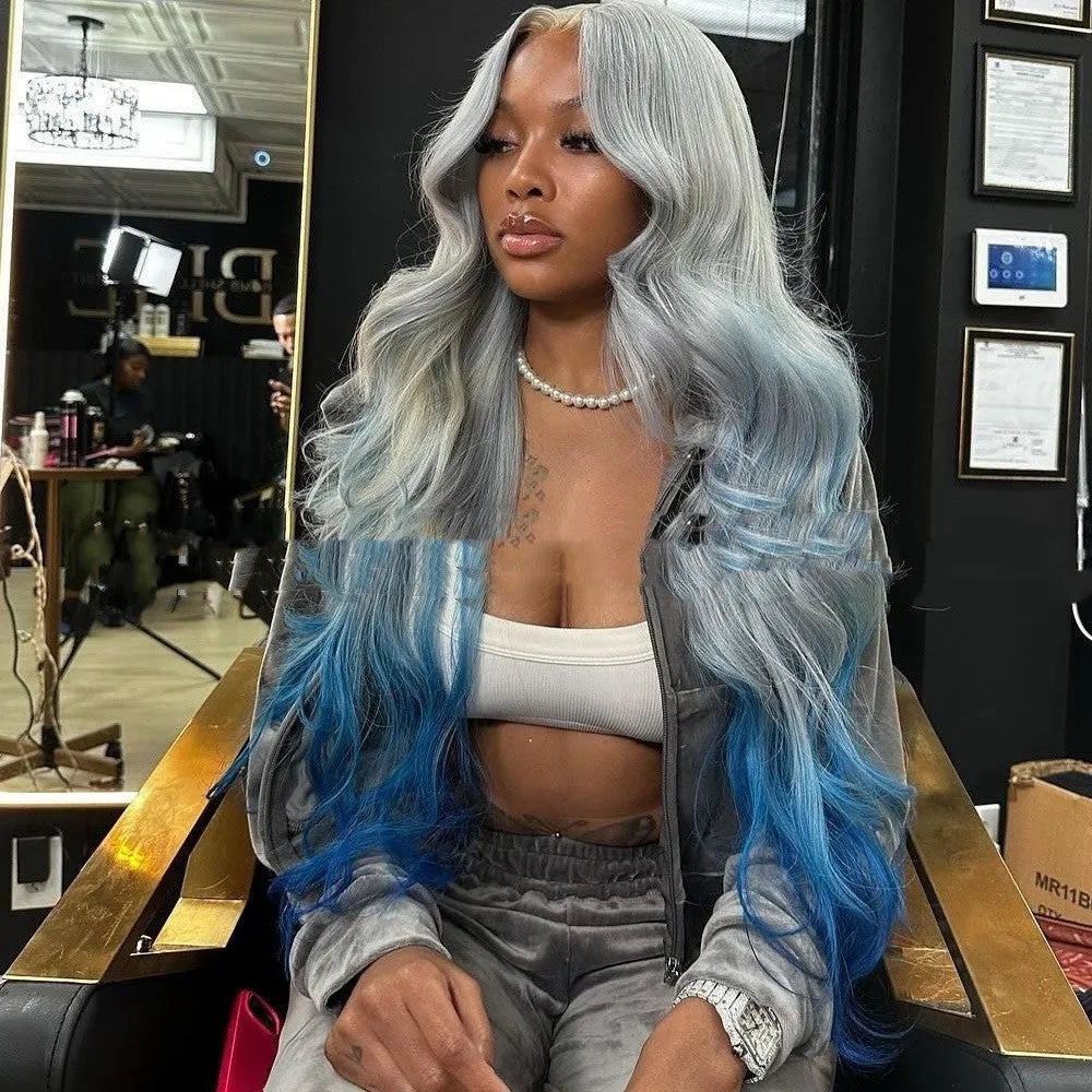 Grey blue gradient human hair headgear with lace frontal on display stand