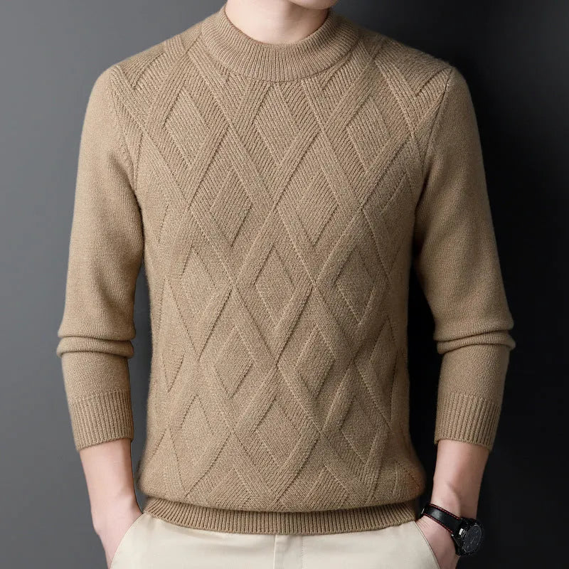 Men's diamond jacquard winter wool sweater in light camel colour, plus size thermal pullover