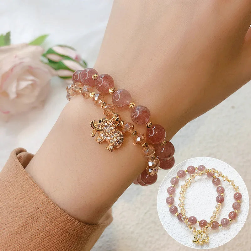 Women's retro colour hair crystal bracelet with strawberry quartz ethnic styling