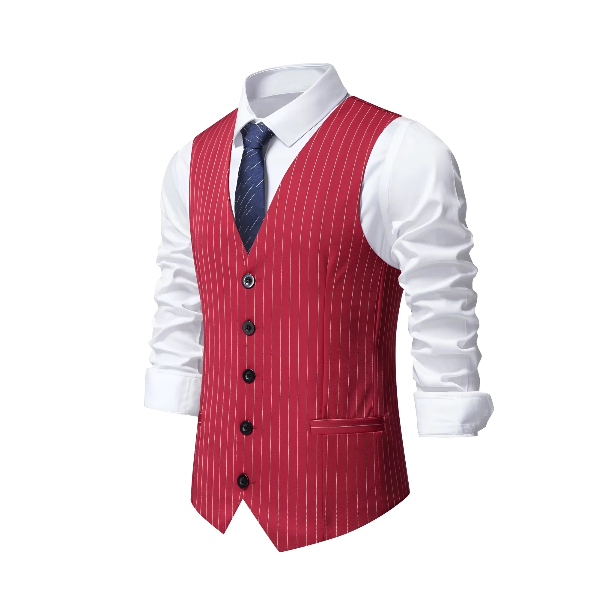 Men's striped formal suit vest with a non-iron finish on a hanger