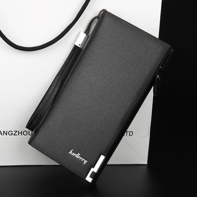 Men's black PU leather bifold wallet with a zipper closure, showing card slots and a coin compartment.