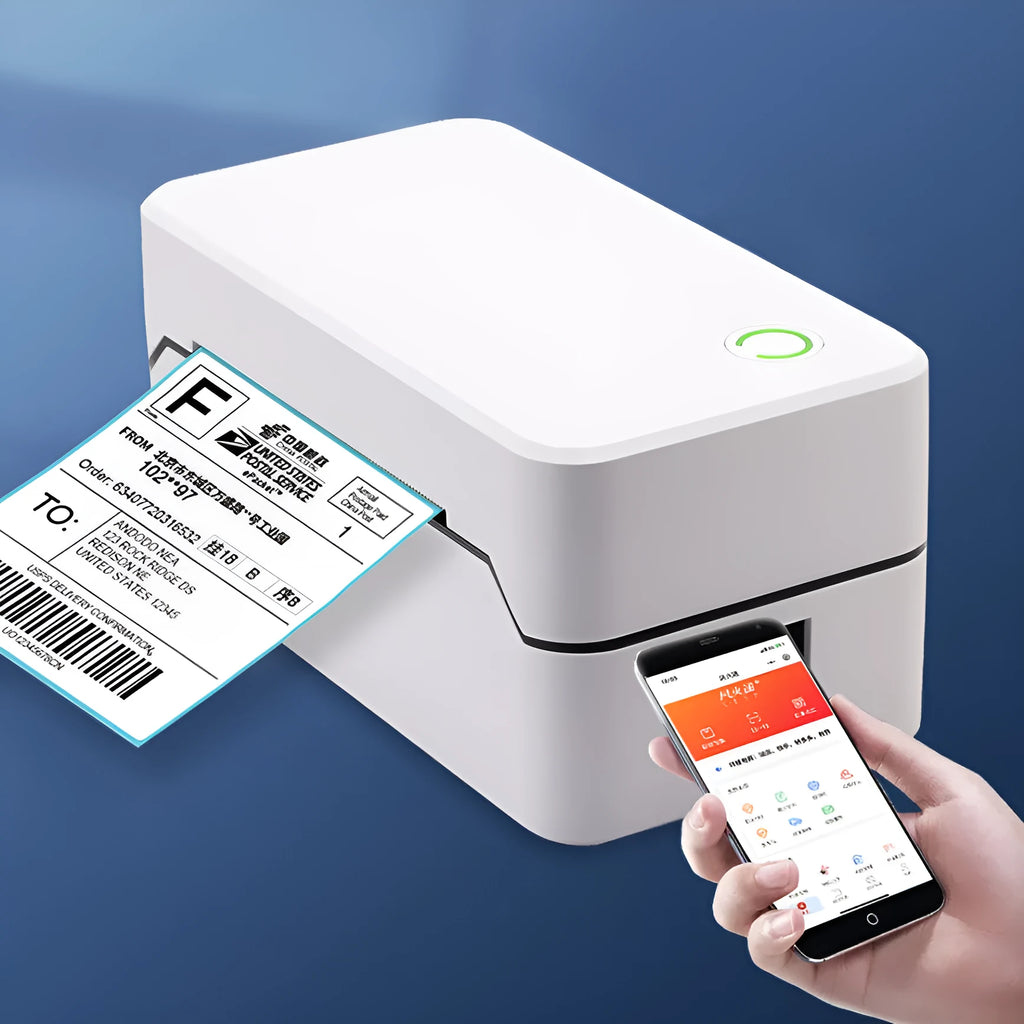 Compact Bluetooth thermal express order printer on countertop showing dimensions