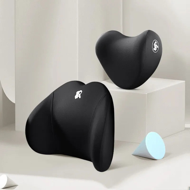 Memory foam car pillow set heart shape cotton cover black colour headrest and lumbar support pillow