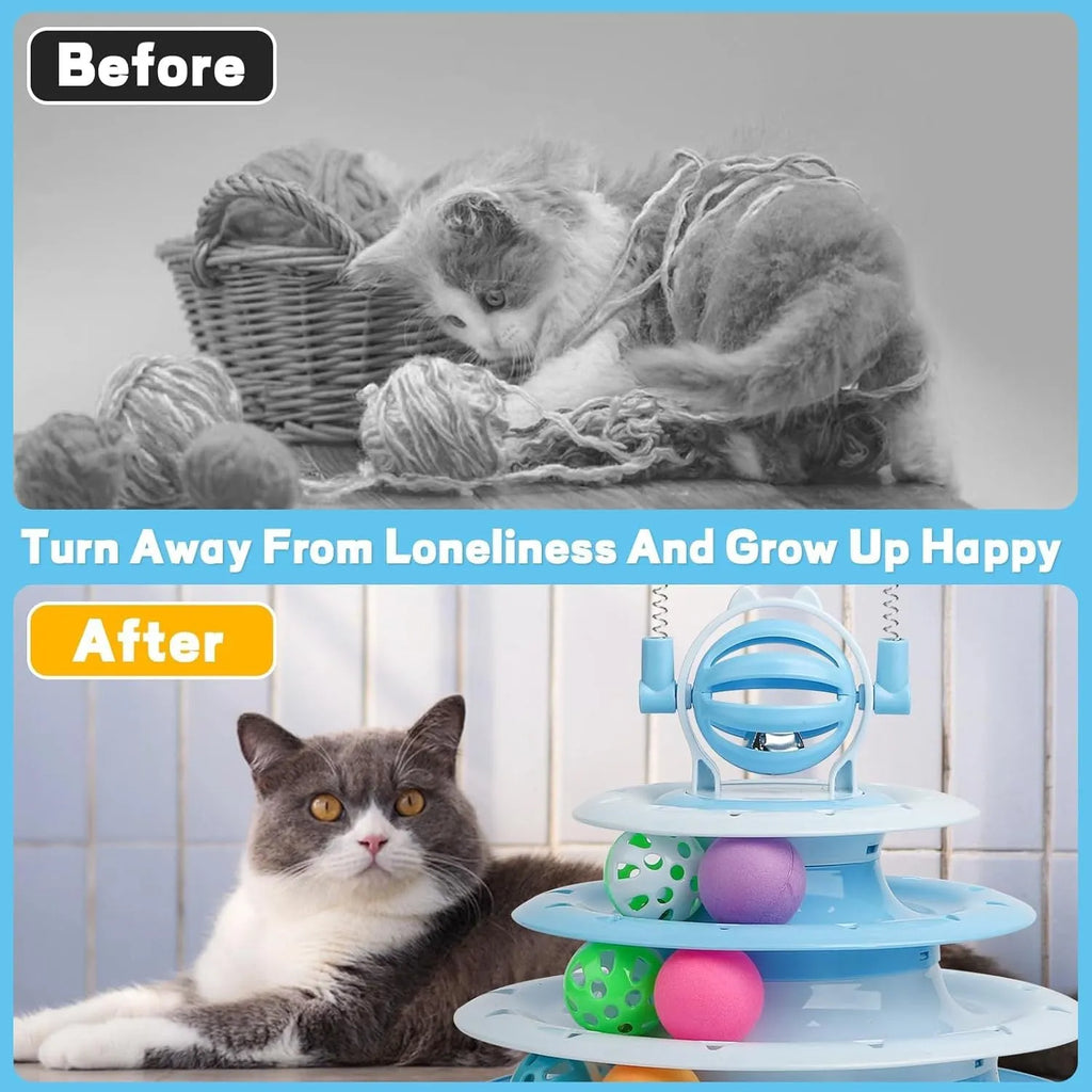 Blue 4-tier interactive cat carousel toy with coloured balls and teasing rods