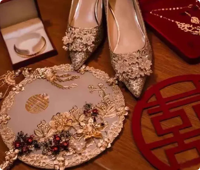 Xiuhe champagne bridal shoes with pointed toe, rhinestone decoration, and fragmented flowers pattern