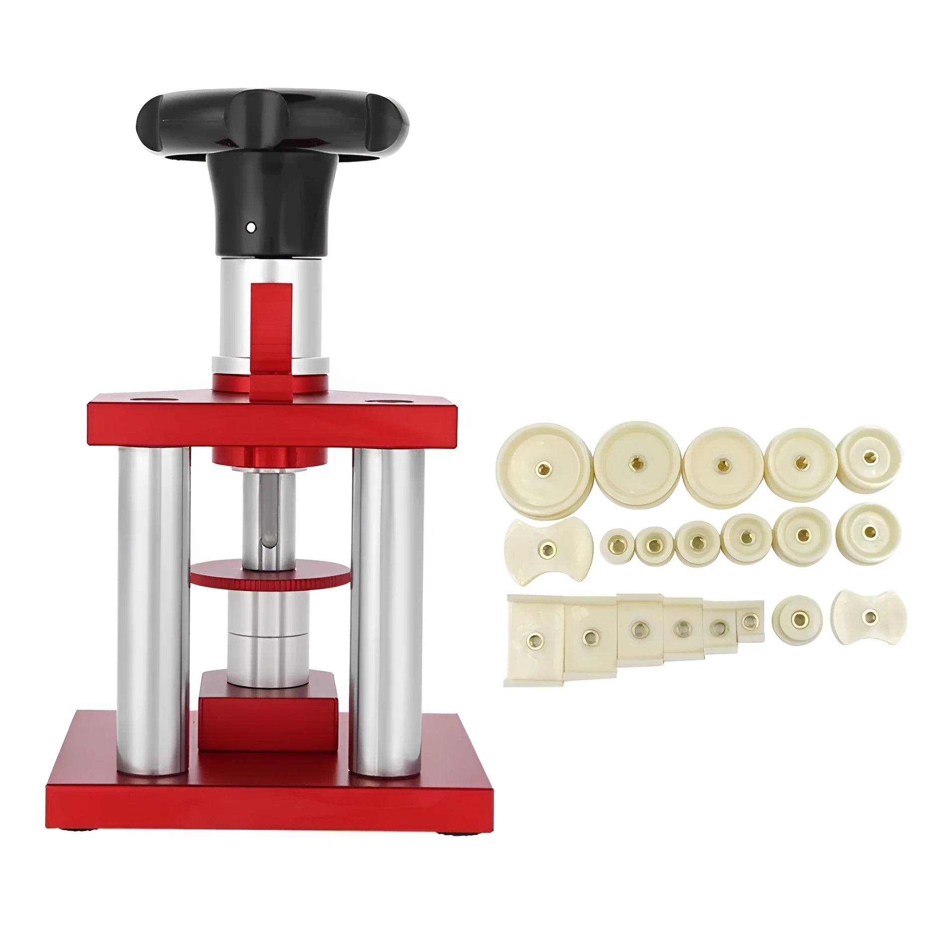 Watch repair spiral cap presser tool with twenty plastic moulds for back cover pressing