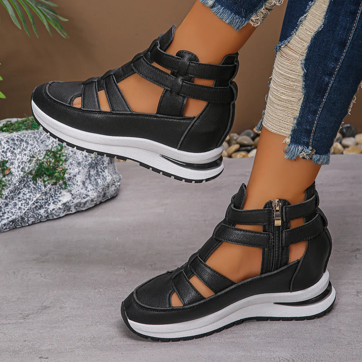 Women's black platform sandals with hollow-out design and Velcro fastening