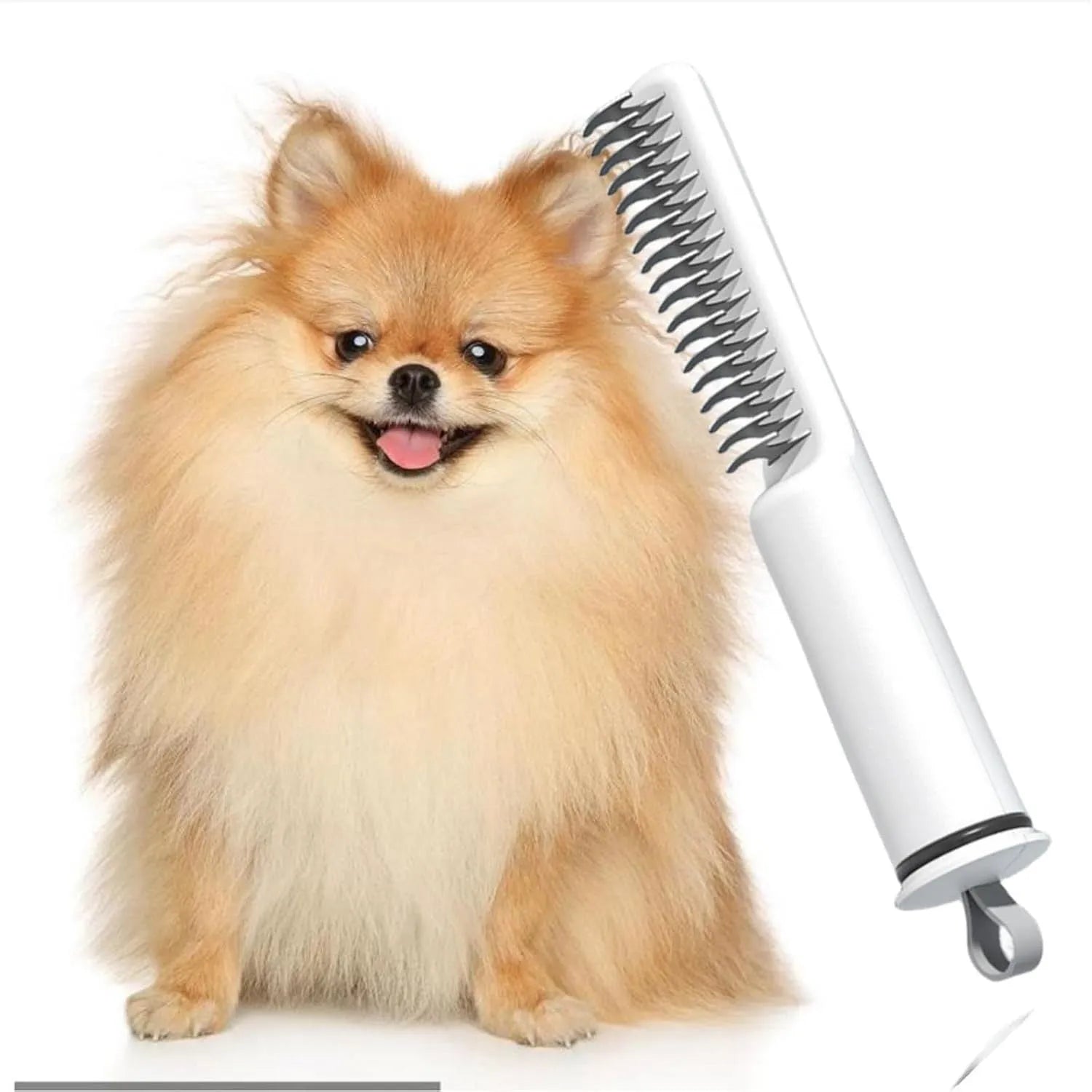 Stainless steel dog dematting comb with ergonomic handle in pink colour on white background
