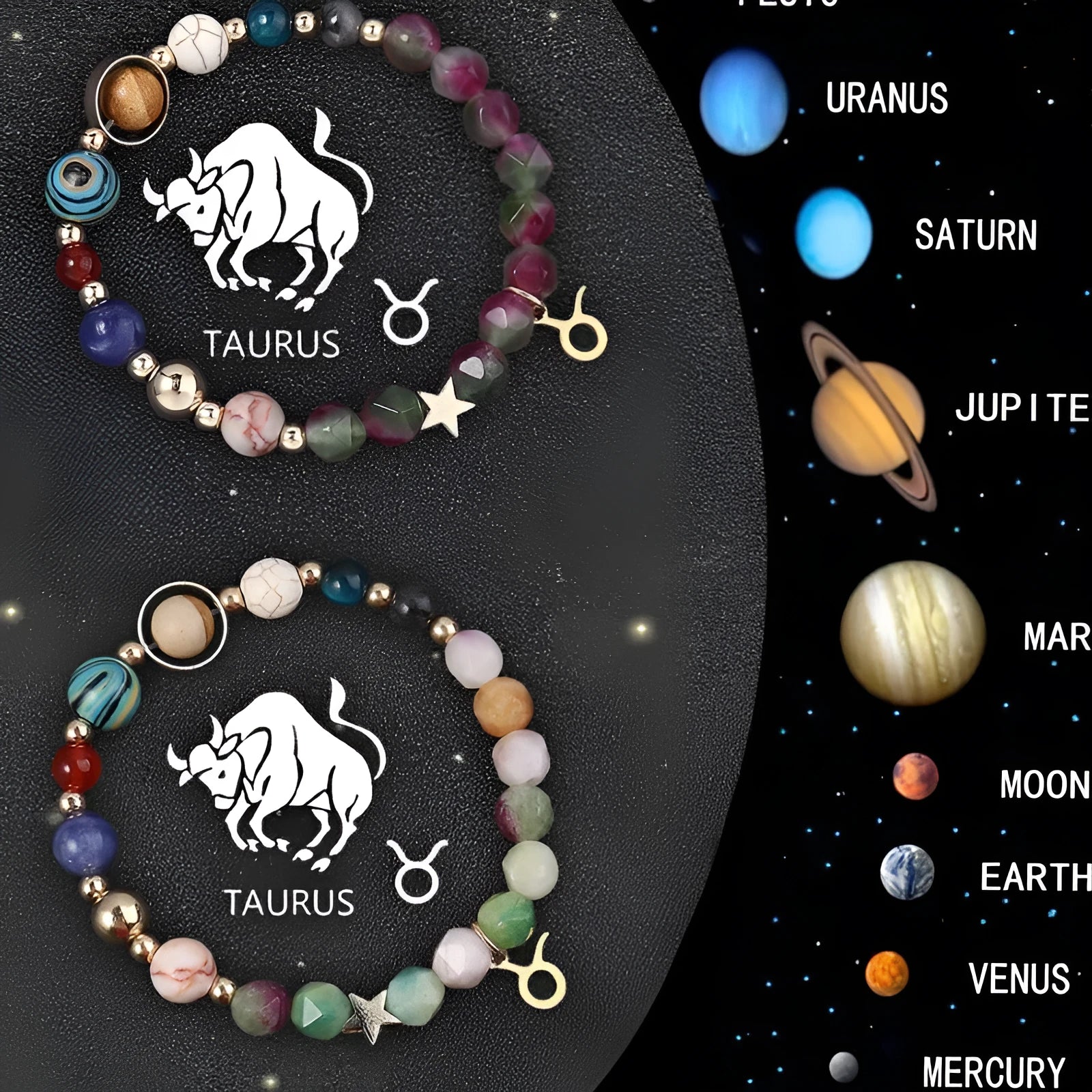 Twelve Zodiac Sign natural stone beaded bracelets showing adjustable designs for astrology jewellery