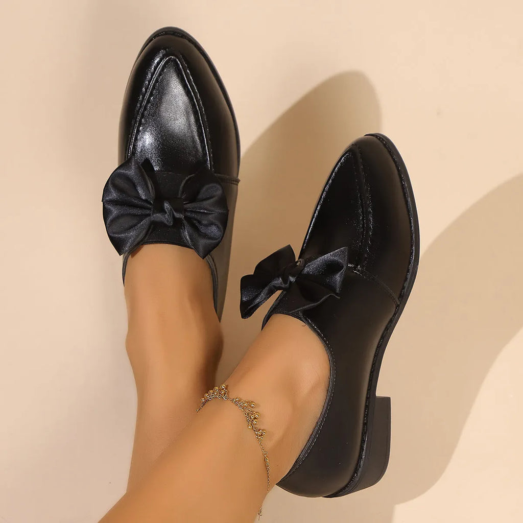Women's British-style leather shoes with decorative bow, round toe, PU upper and rubber sole