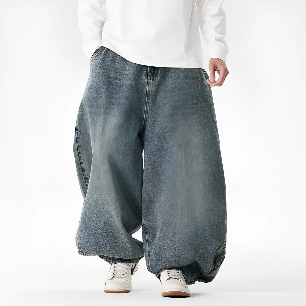 Men's plus size wide leg cotton denim jeans in three colour options with straight leg opening