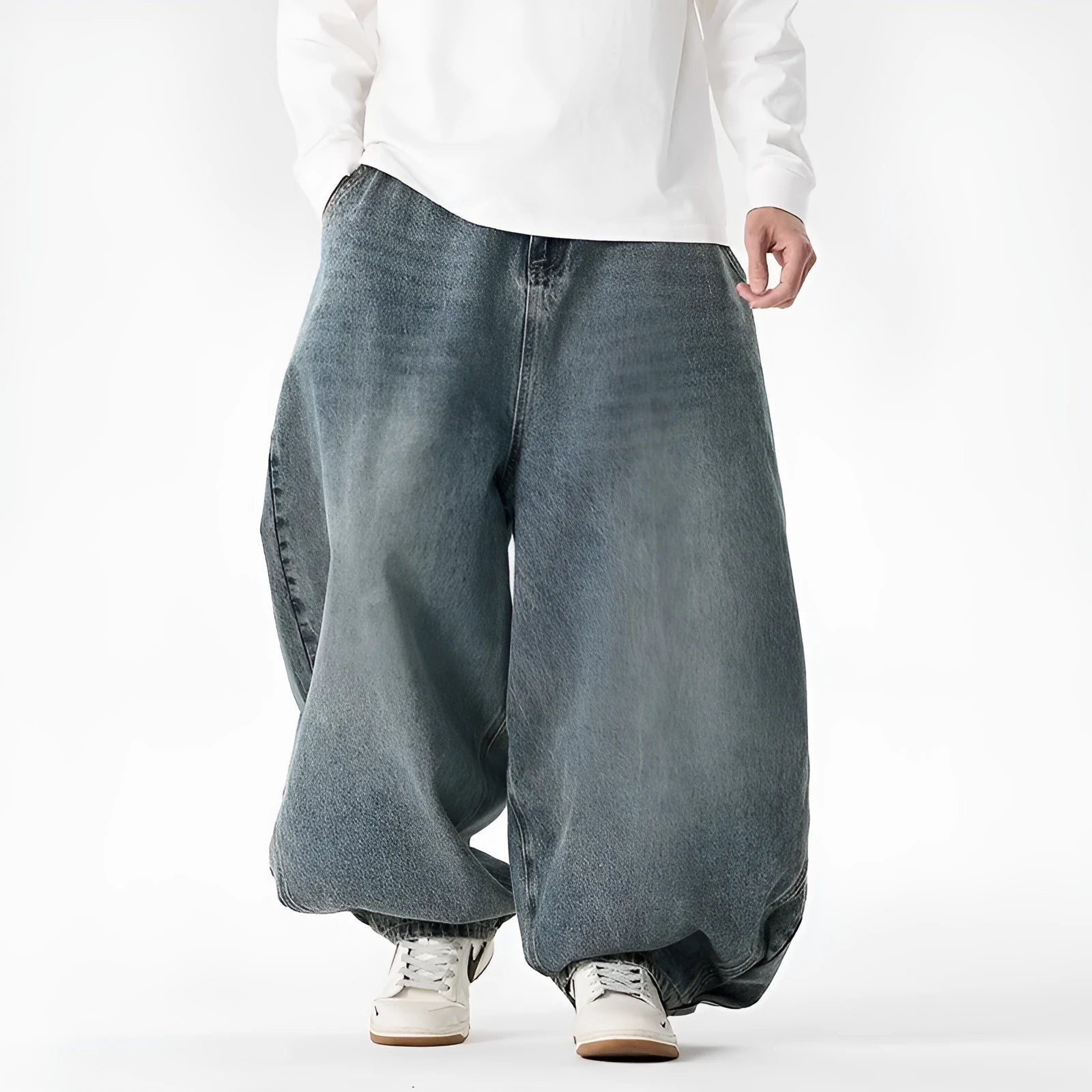 Men's plus size wide leg cotton denim jeans in three colour options with straight leg opening