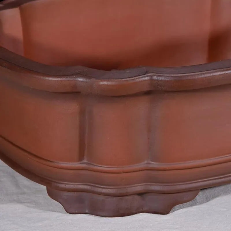 Large antique finish purple clay flower pot with Chinese styling, dimensions 71cm long by 54cm wide