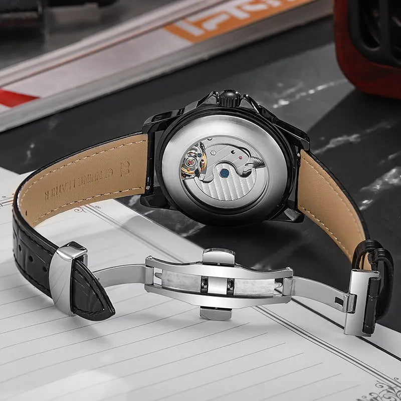 Men's automatic business watch with luminous markers and waterproof construction