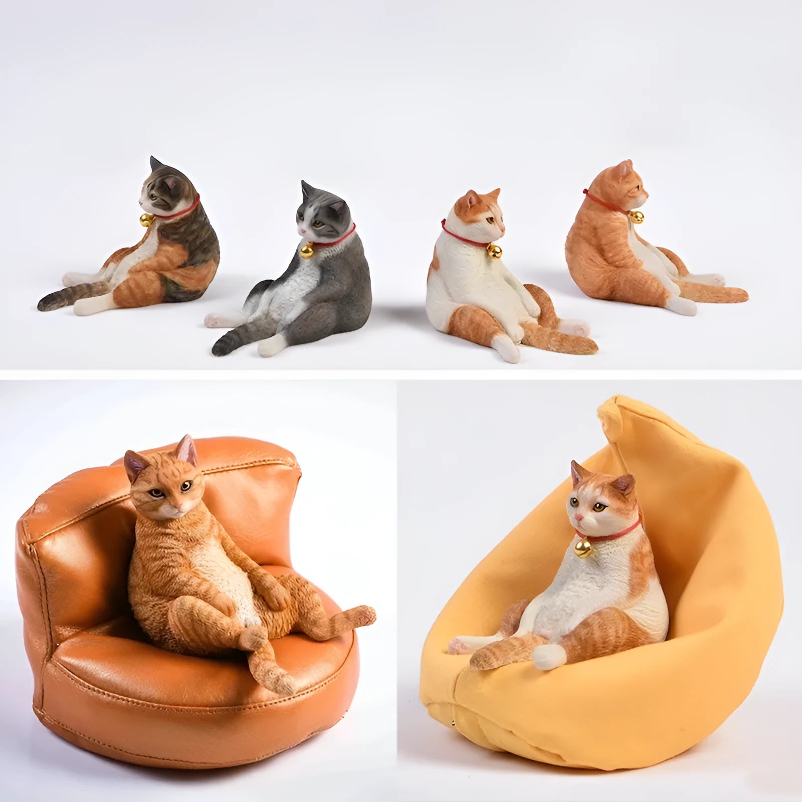 Lazy cat car ornament set with miniature sofa, 7.5 cm tall resin decoration