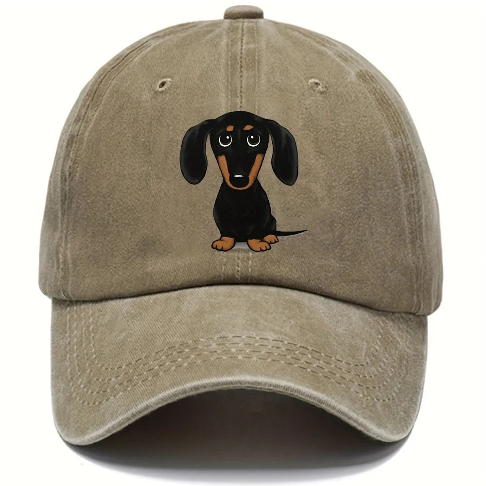 Retro washed baseball cap with printed Dachshund design in dome crown style