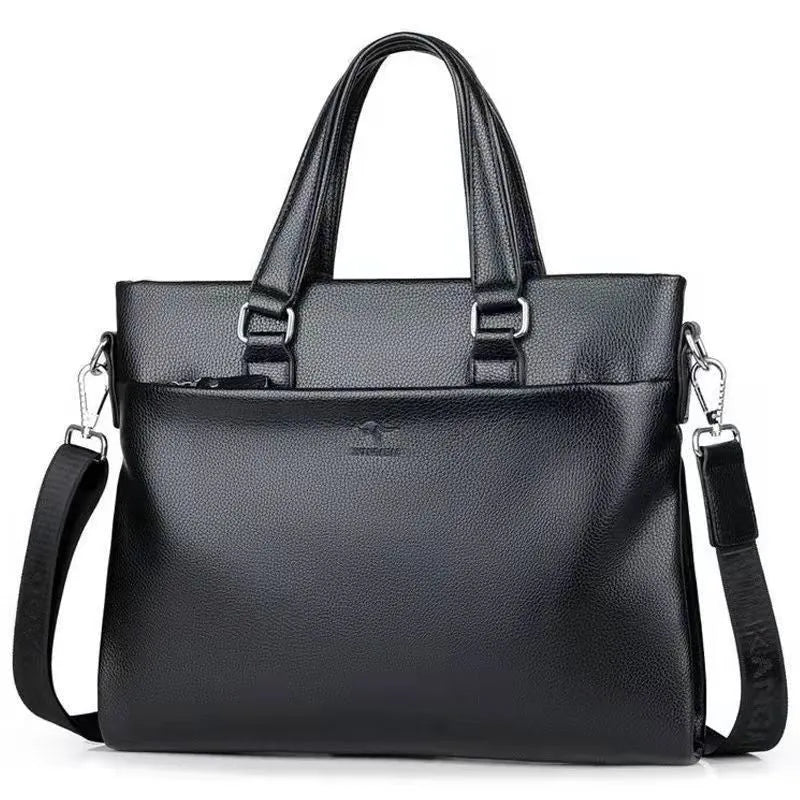 Men's black PU leather messenger bag with crossbody strap and splicing design