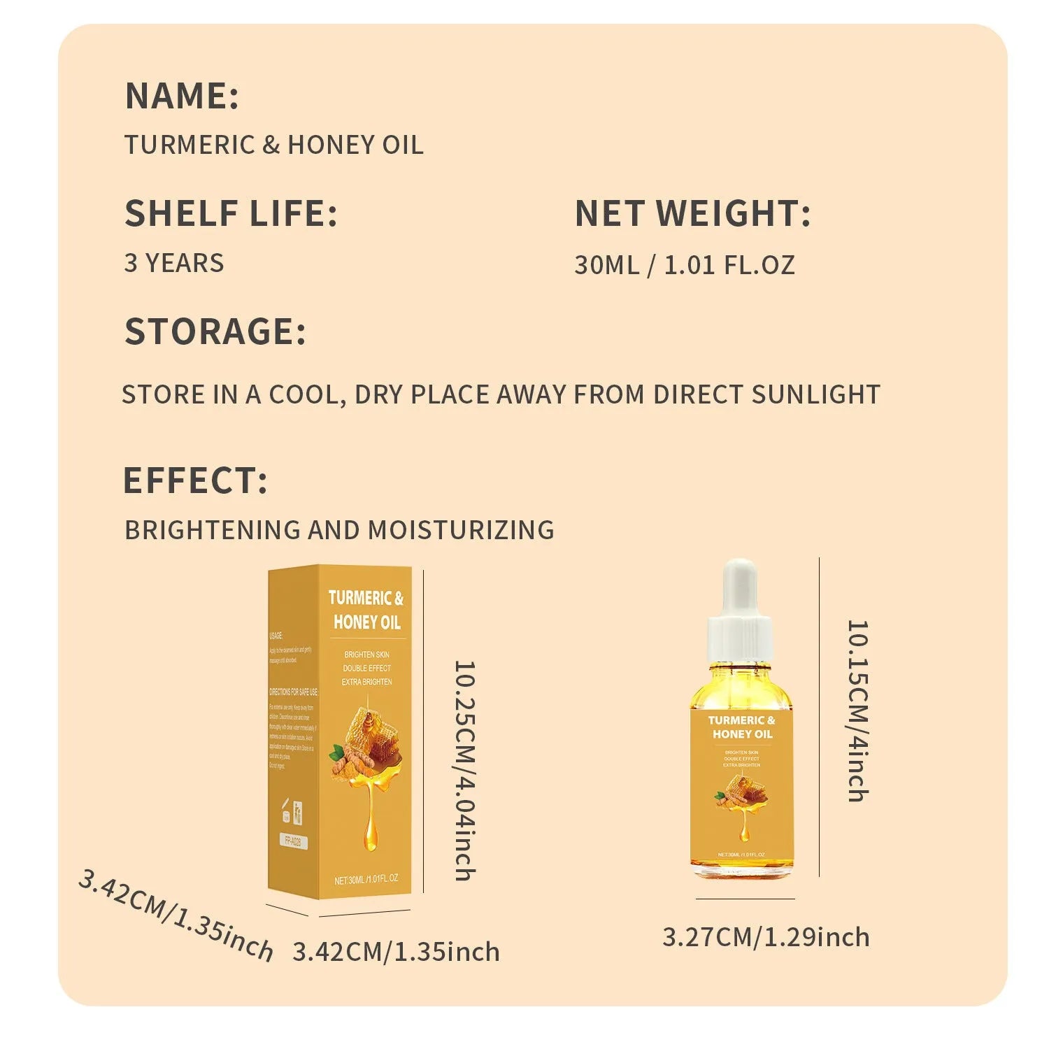 Turmeric honey essential oil 30ml in amber glass bottle with dropper for facial application