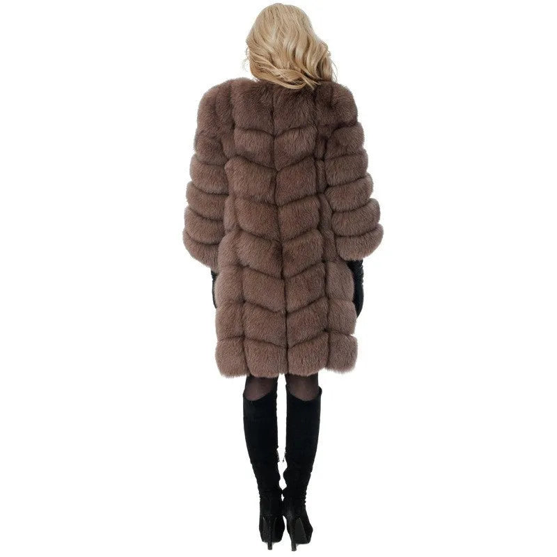 Women's long artificial fur coat in multiple colours including black, camel, and wine red, showing 80 cm length.