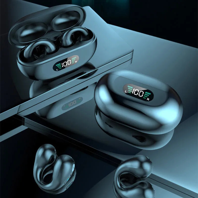 Q80 bone conduction Bluetooth headset clip in black, showing ear clip design for open-ear listening.