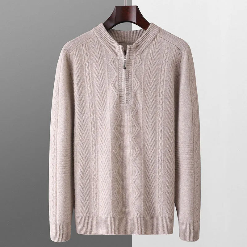 Men's pure wool diamond lattice half-zip sweater in loose fit with long sleeves