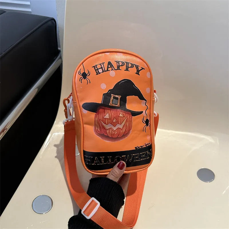 Halloween graffiti phone crossbody bag with cartoon pumpkin ghost bat print