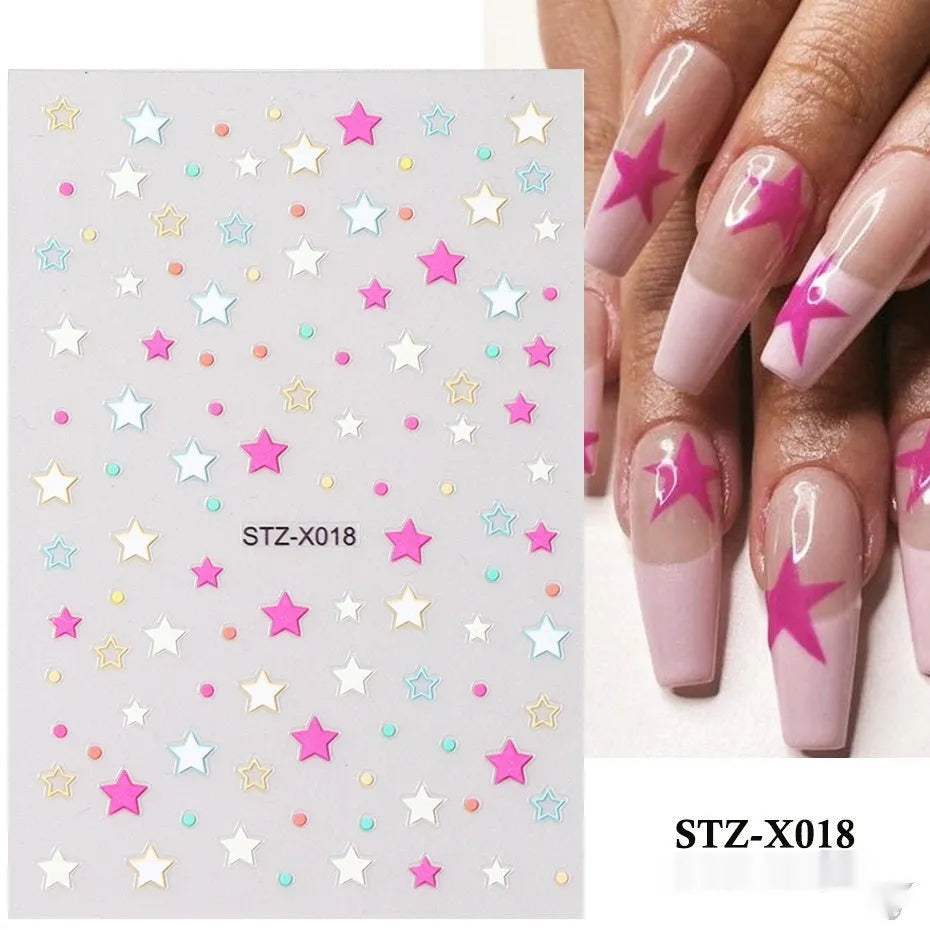 Plastic sheet of black, silver, and cartoon design nail art stickers for DIY manicures.
