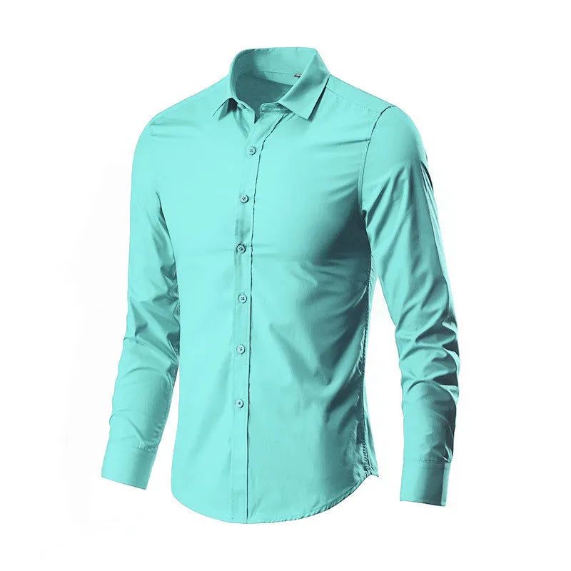 Men's loose fit long-sleeve linen shirt shown in multiple colours including black, white, and navy blue.