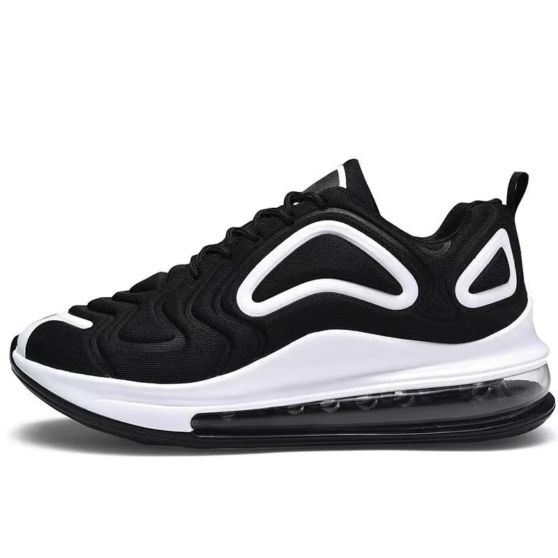 Men's black air cushion sneakers with artificial PU upper, plastic sole, and lace-up design for outdoor running