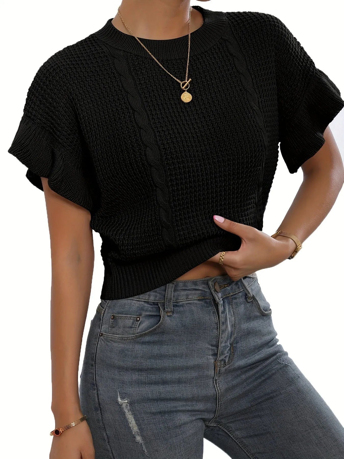 Women's loose fit knitted pullover with ruffled short sleeves and twisted string texture