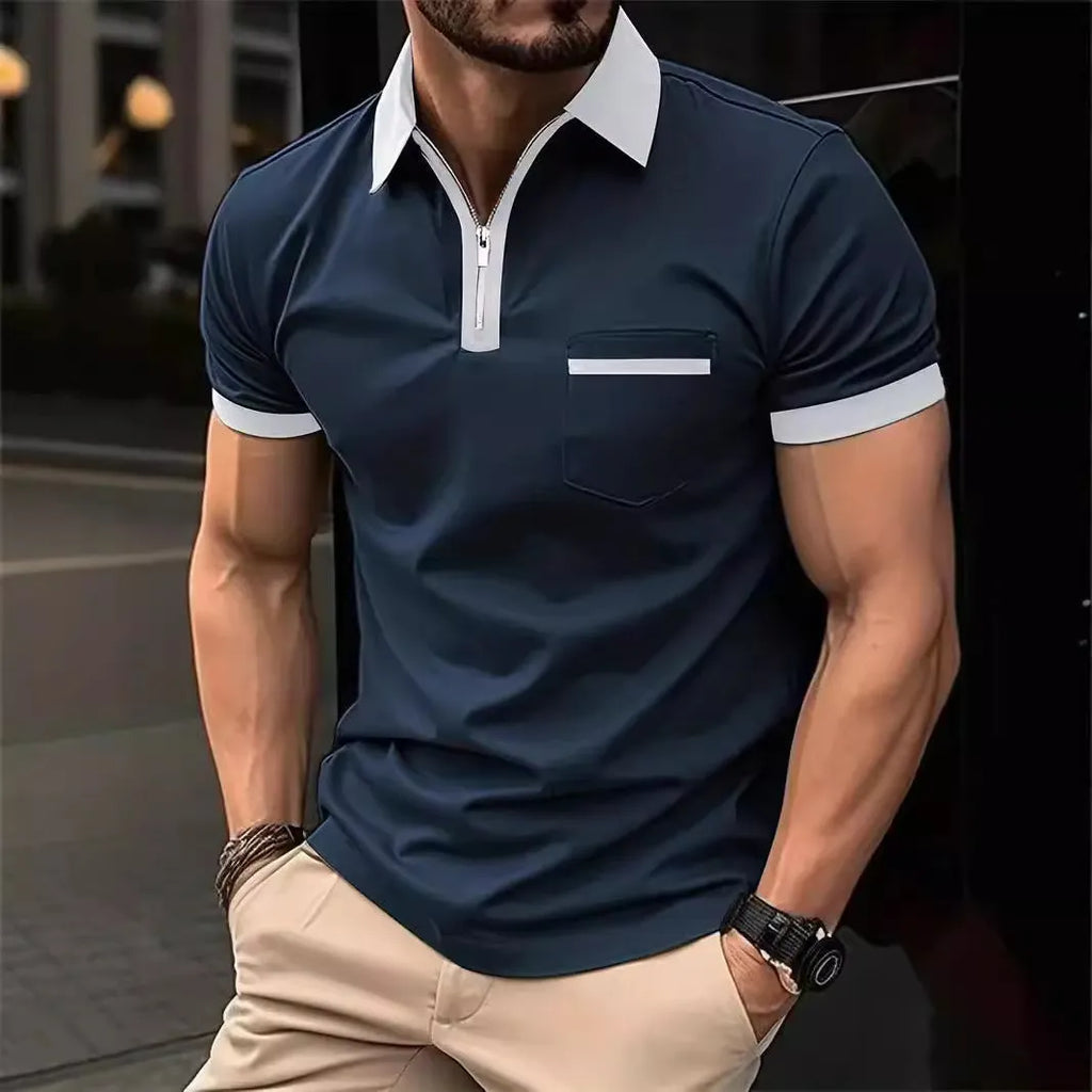 Men's casual short sleeve shirt with chest pocket in a loose fit, shown in a colour with contrasting collar.
