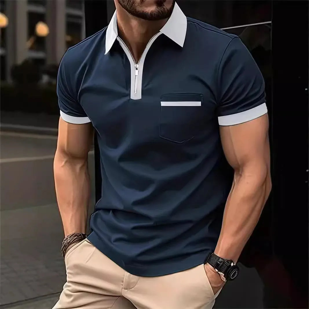 Men's casual short sleeve shirt with chest pocket in a loose fit, shown in a colour with contrasting collar.