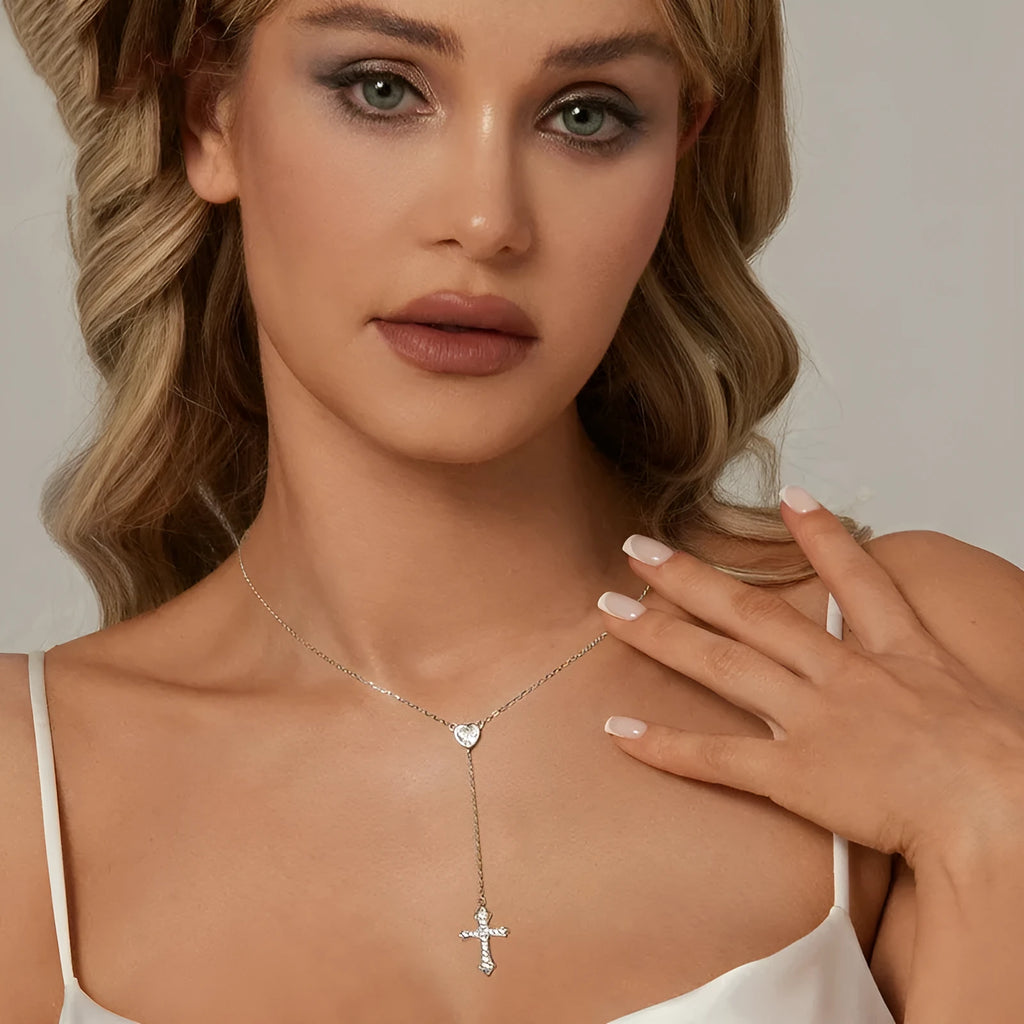 Sterling silver V-neck love cross pendant necklace on an O-ring chain in colour BSN384.