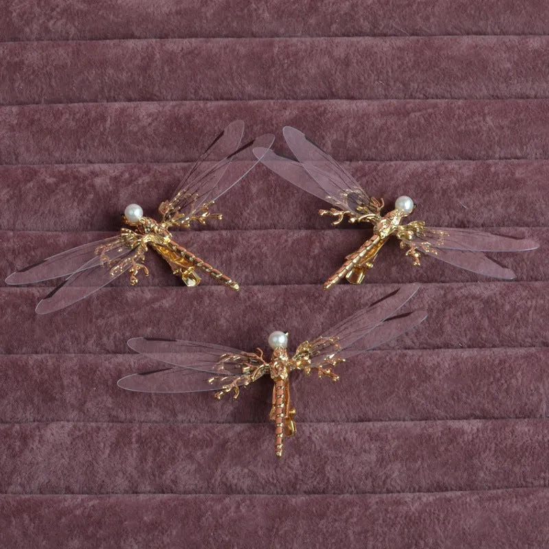 Golden dragonfly-shaped side clip headdress hair accessory for women