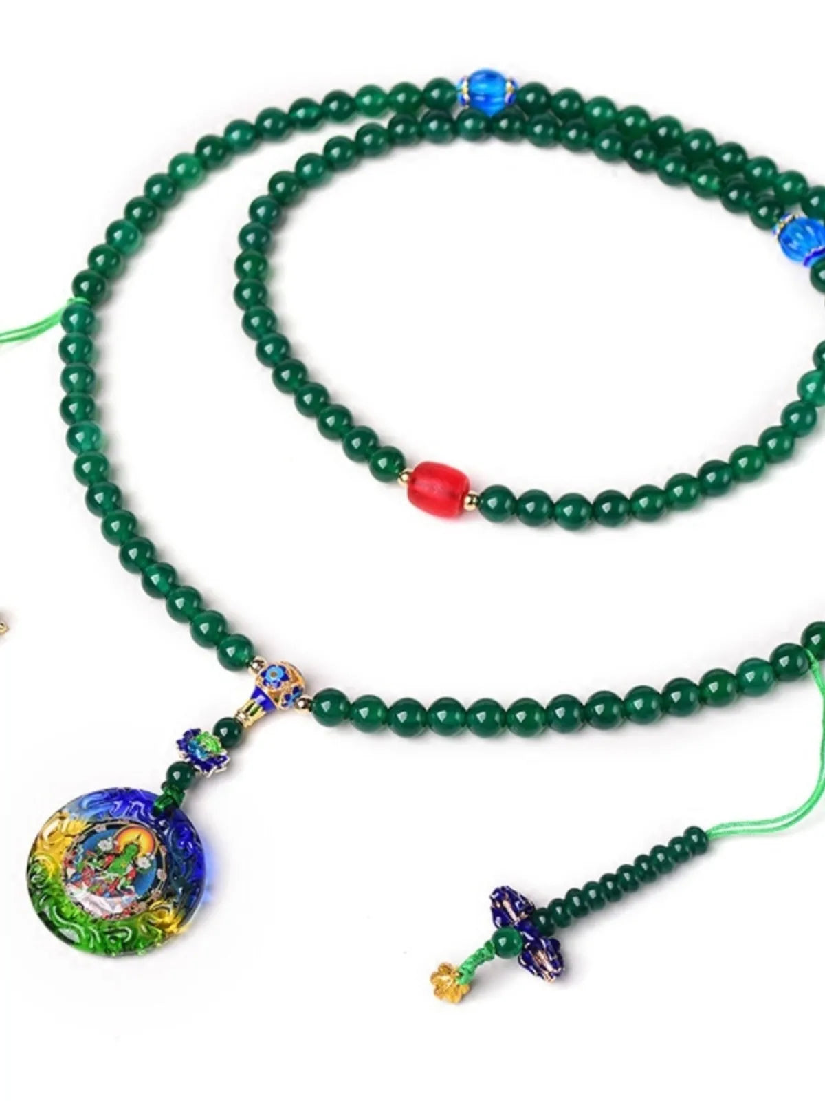 Handmade natural green agate multi-circle bracelet with Thangka pendant and certificate