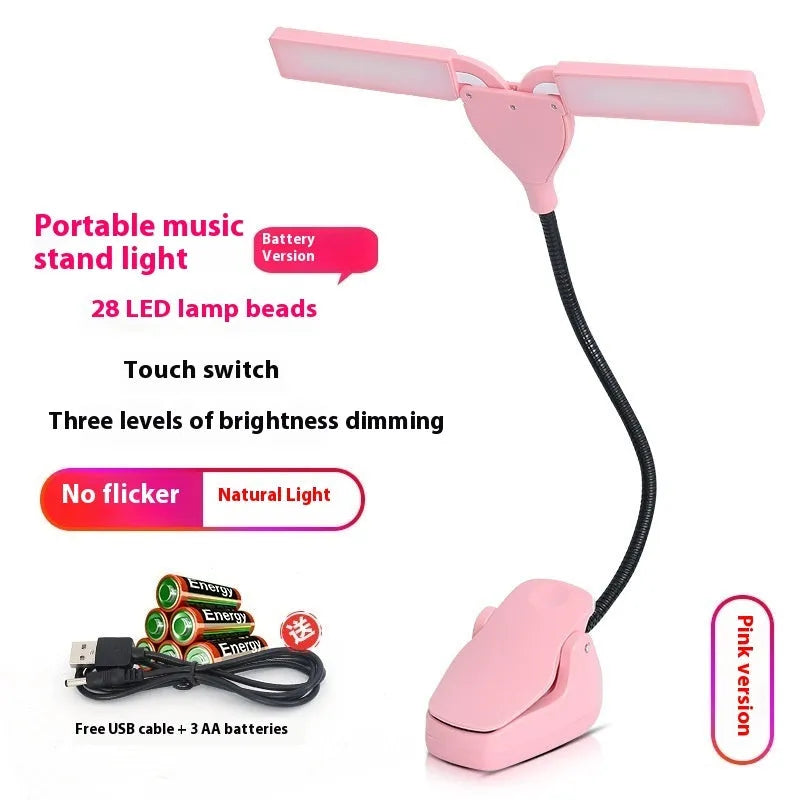 Rechargeable music stand light with 28 LED lights clipped to metal music stand