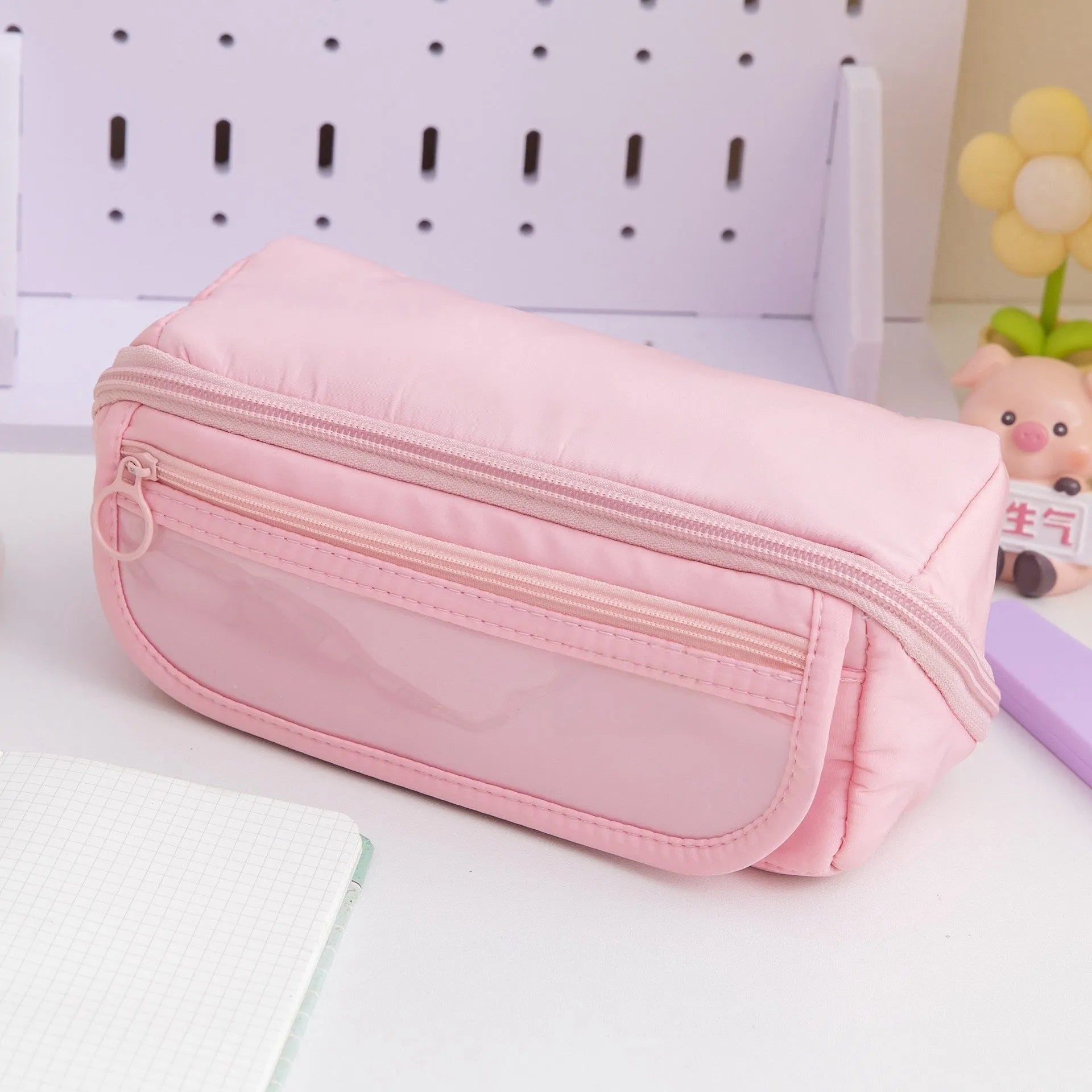 Korean style canvas pencil case with ten-layer flip design showing multiple colour options