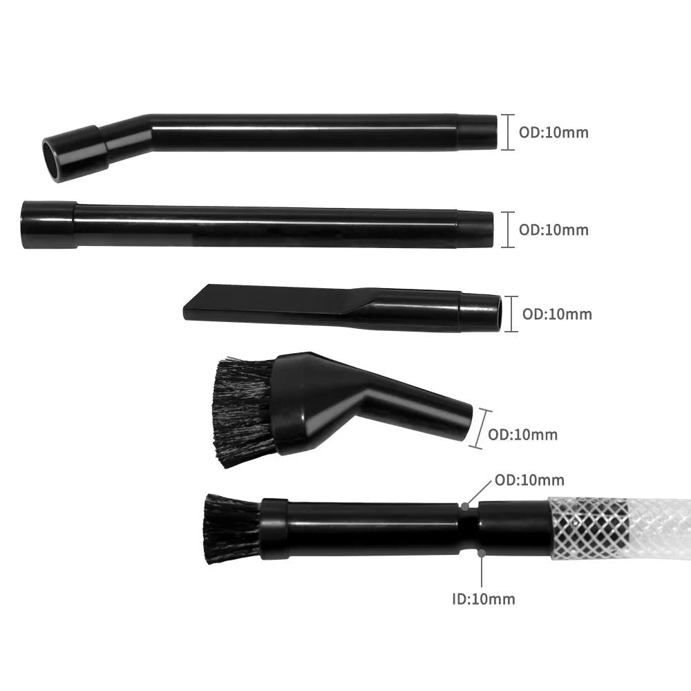 Eight-piece vacuum cleaner accessory set with small suction heads for confined space cleaning
