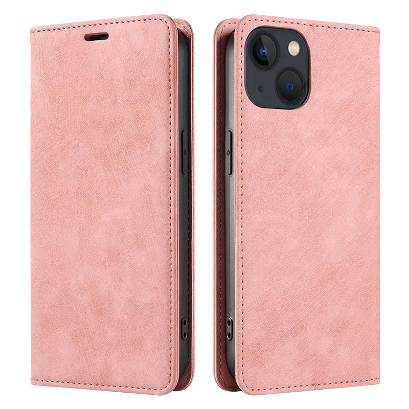 Magnetic flip phone case in solid colour for iPhone, showing TPU frame and leather cover.