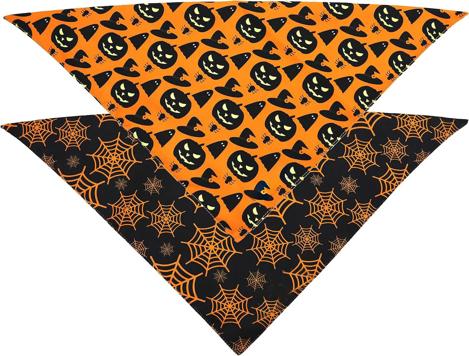 Black and orange reversible Halloween dog bandana with pumpkin and spider web patterns laid flat.