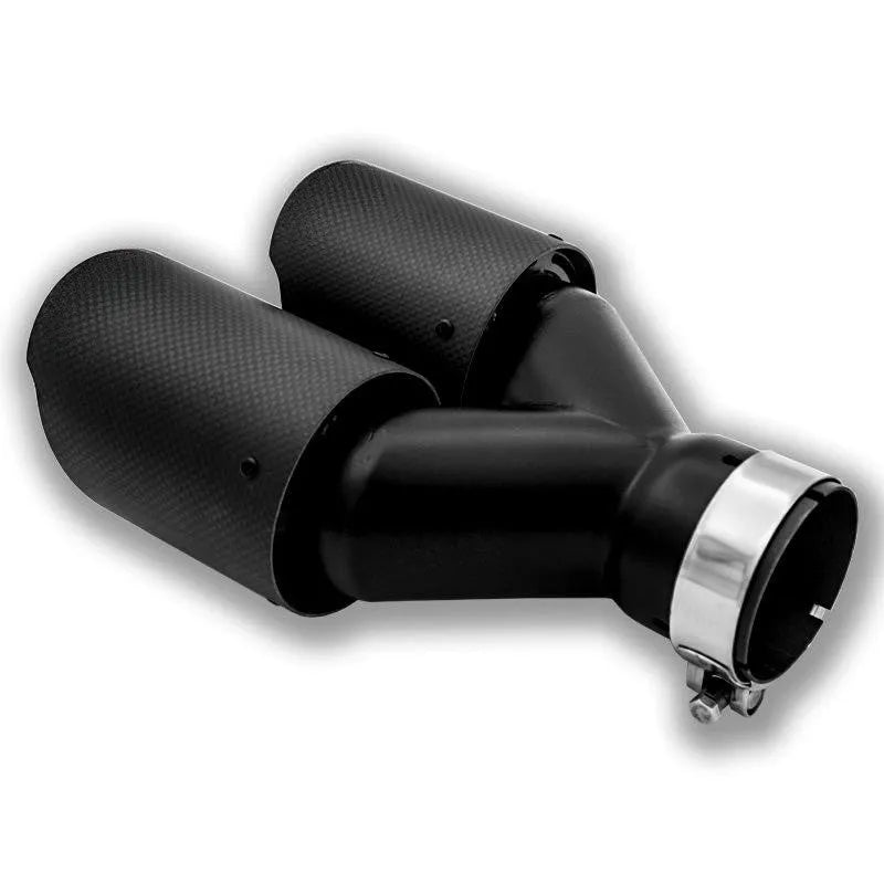 Black carbon fibre car exhaust pipe with two-tail-one-nozzle silencer design and double outlet configuration