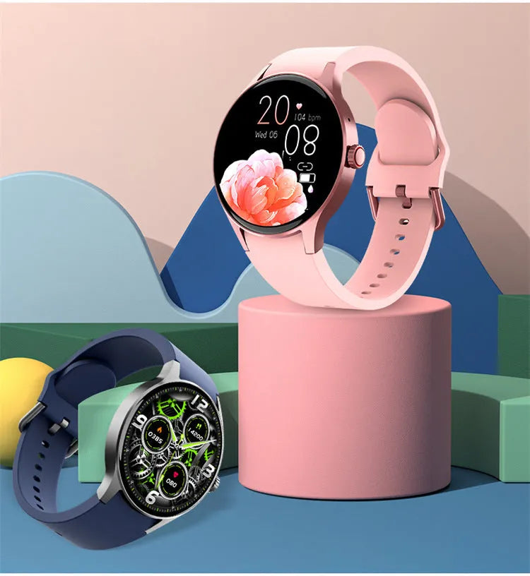 Smart Bluetooth sport watch with round touch screen on wrist, showing IP68 waterproof rating and 46mm diameter case