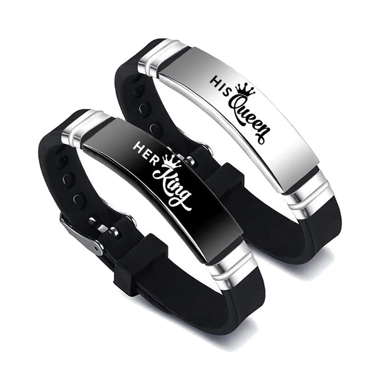Black and silver couple bracelets with stainless steel crown and letter charm on adjustable silicone strap