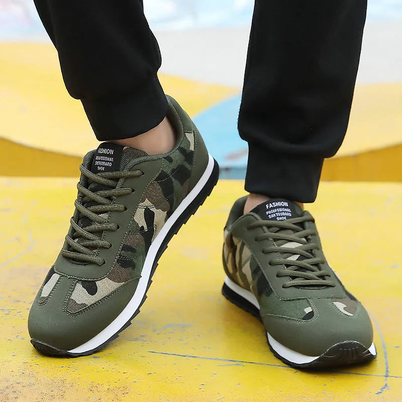 Camouflage pattern suede sports shoes with mesh lining and a flat foam sole.