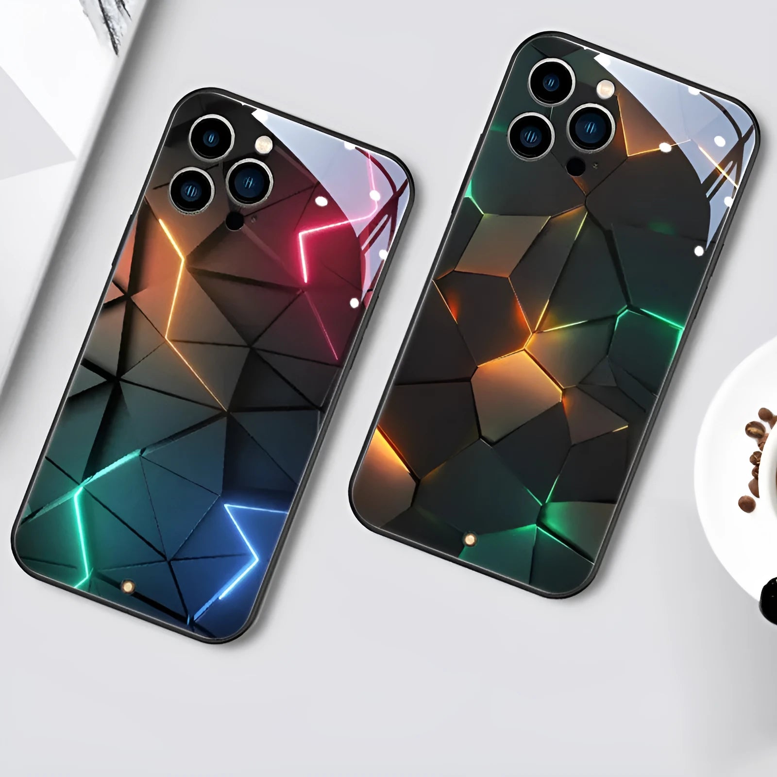 Xpress 14 tempered glass iPhone case with illuminated incoming light indicator and yellow green diamond grid design.