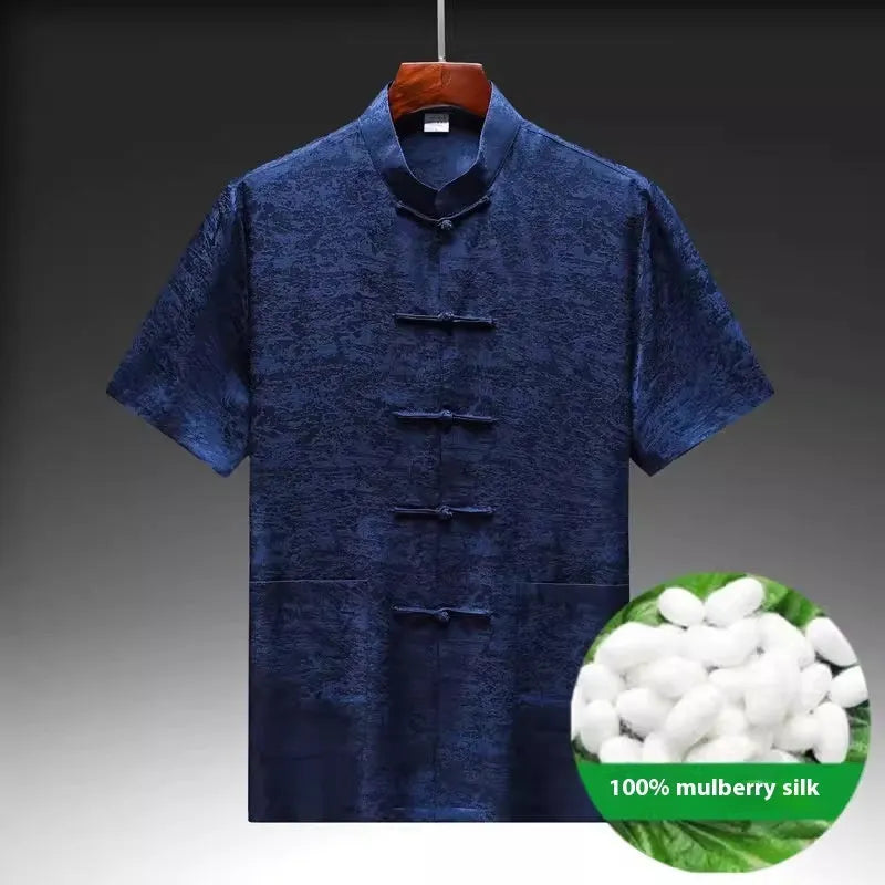 Men's traditional Chinese-style Tang suit made from mulberry silk satin in light green, navy, or white.