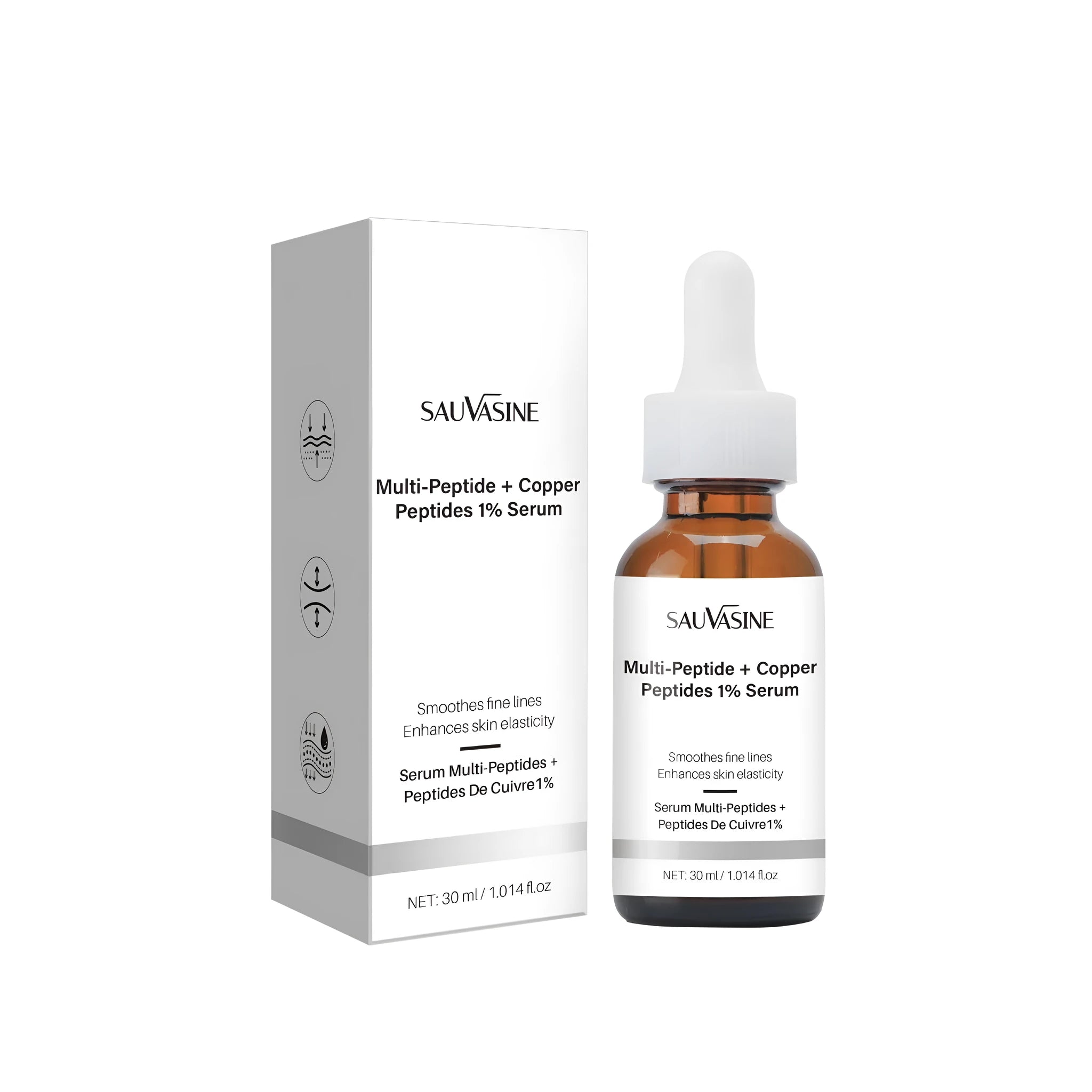 30ml glass bottle of moisturising oil for wrinkle care on a plain background