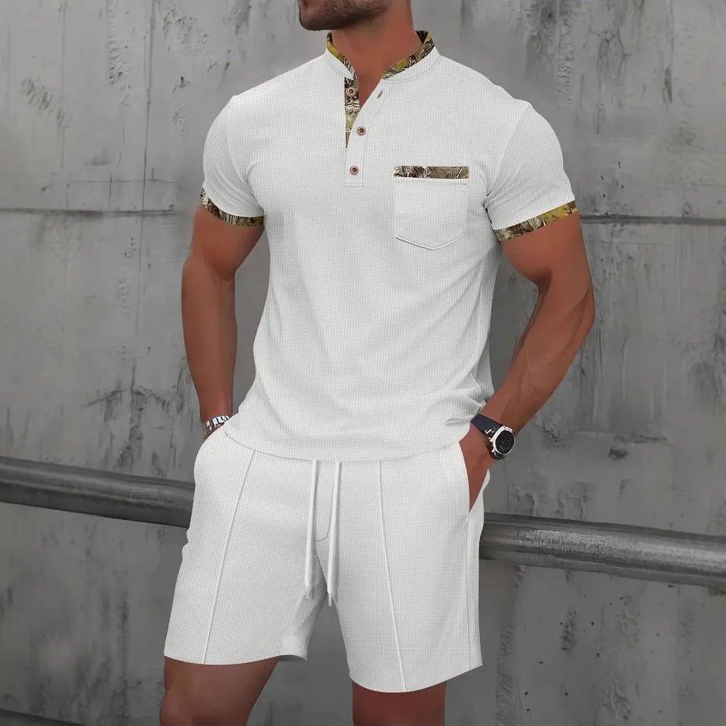 Men's grey summer suit with polo collar short sleeve jacket and matching shorts on hanger