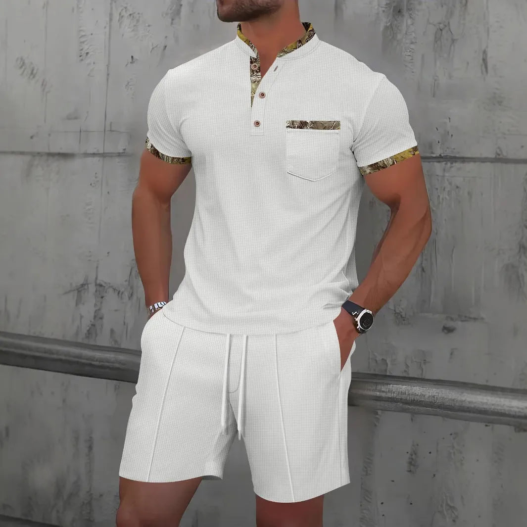 Men's grey summer suit with polo collar short sleeve jacket and matching shorts on hanger
